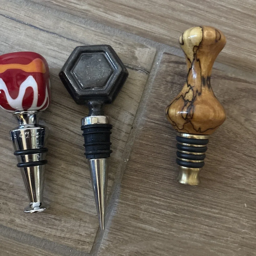 Wine/Liquor Lot of 4 Stoppers Metal Wooden Handblown Glass Ceramic Chicken